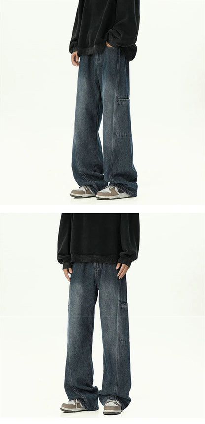 Oversized Cargo Jeans for Men - Washed Denim with Multi-Use Pockets