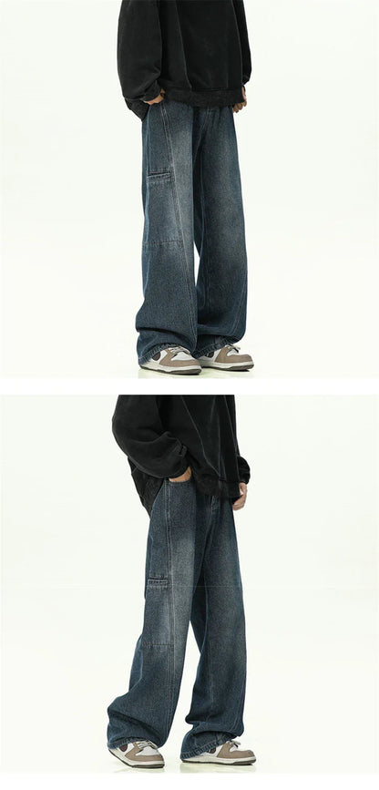 Oversized Cargo Jeans for Men - Washed Denim with Multi-Use Pockets