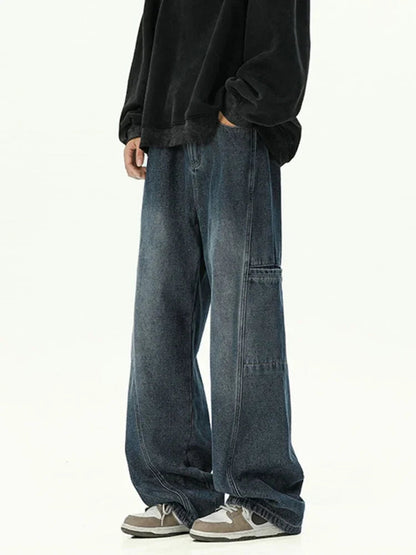 Oversized Cargo Jeans for Men - Washed Denim with Multi-Use Pockets
