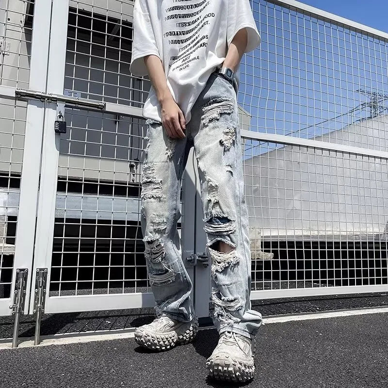 Men's Casual Oversized Denim Jeans with Ripped Details - Straight Leg, Comfort and Urban Style