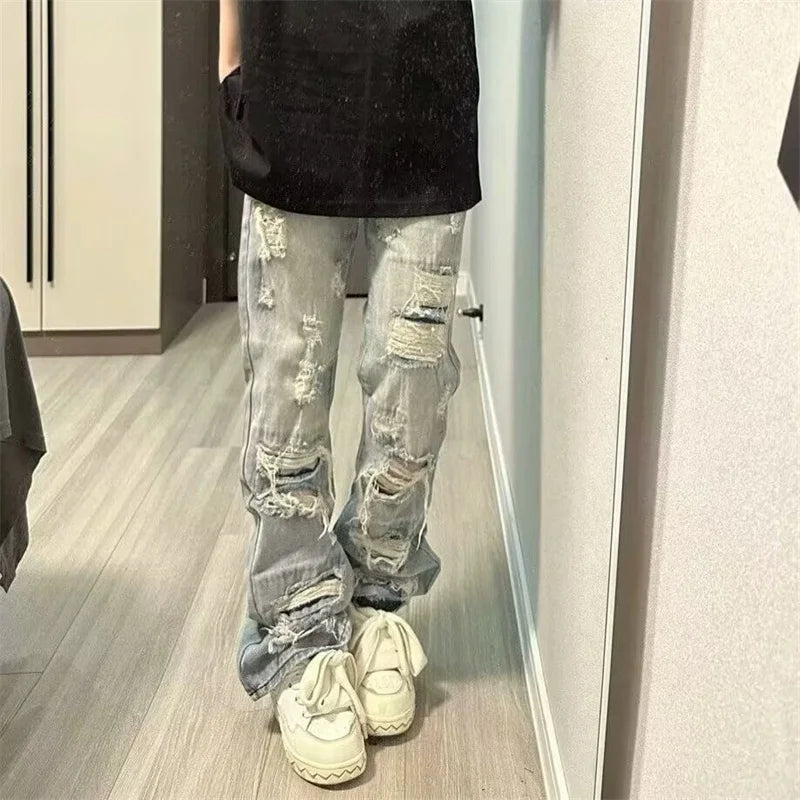 Men's Casual Oversized Denim Jeans with Ripped Details - Straight Leg, Comfort and Urban Style