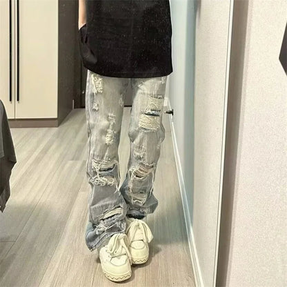 Men's Casual Oversized Denim Jeans with Ripped Details - Straight Leg, Comfort and Urban Style