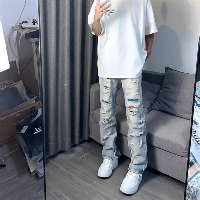 Men's Casual Oversized Denim Jeans with Ripped Details - Straight Leg, Comfort and Urban Style