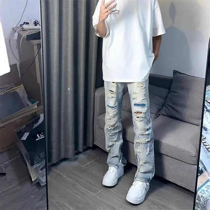 Men's Casual Oversized Denim Jeans with Ripped Details - Straight Leg, Comfort and Urban Style