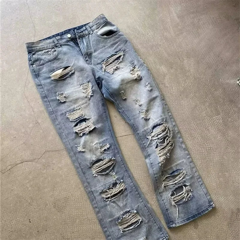 Jeans Homme Décontractés Oversize en Denim avec Détails Déchirés - Jambe Droite, Confort et Style Urbain