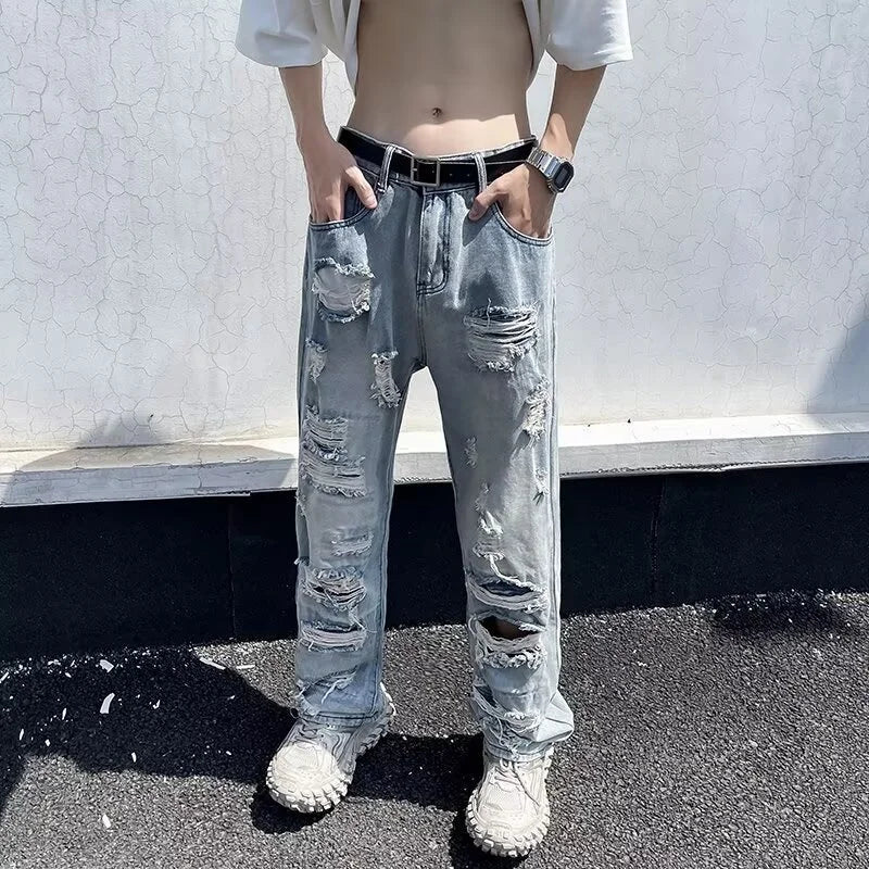 Men's Casual Oversized Denim Jeans with Ripped Details - Straight Leg, Comfort and Urban Style