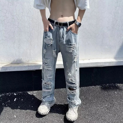 Men's Casual Oversized Denim Jeans with Ripped Details - Straight Leg, Comfort and Urban Style