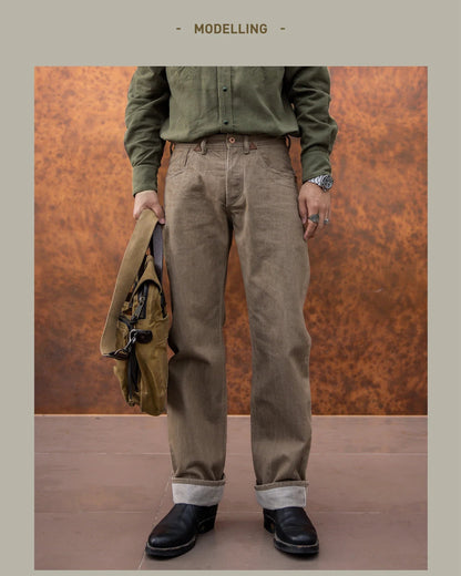 Men's Straight Selvedge Denim Jeans in Khaki, Loose and Durable Fit, 100% Cotton, Modern Five-Pocket Style