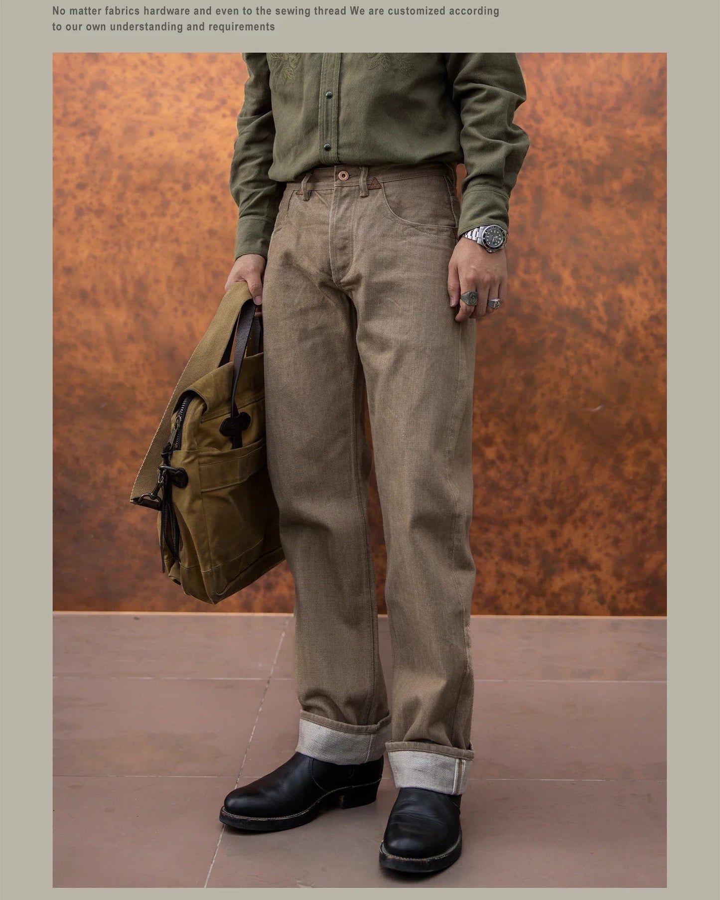 Men's Straight Selvedge Denim Jeans in Khaki, Loose and Durable Fit, 100% Cotton, Modern Five-Pocket Style