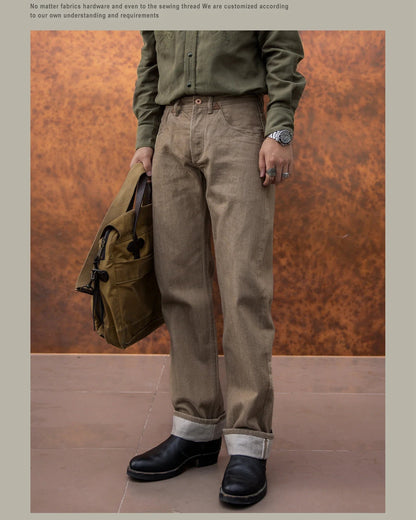 Men's Straight Selvedge Denim Jeans in Khaki, Loose and Durable Fit, 100% Cotton, Modern Five-Pocket Style
