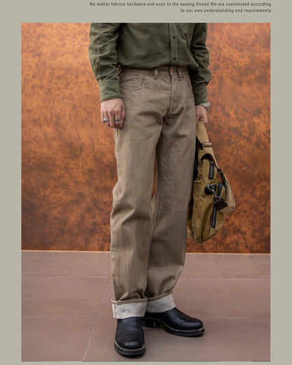 Men's Straight Selvedge Denim Jeans in Khaki, Loose and Durable Fit, 100% Cotton, Modern Five-Pocket Style