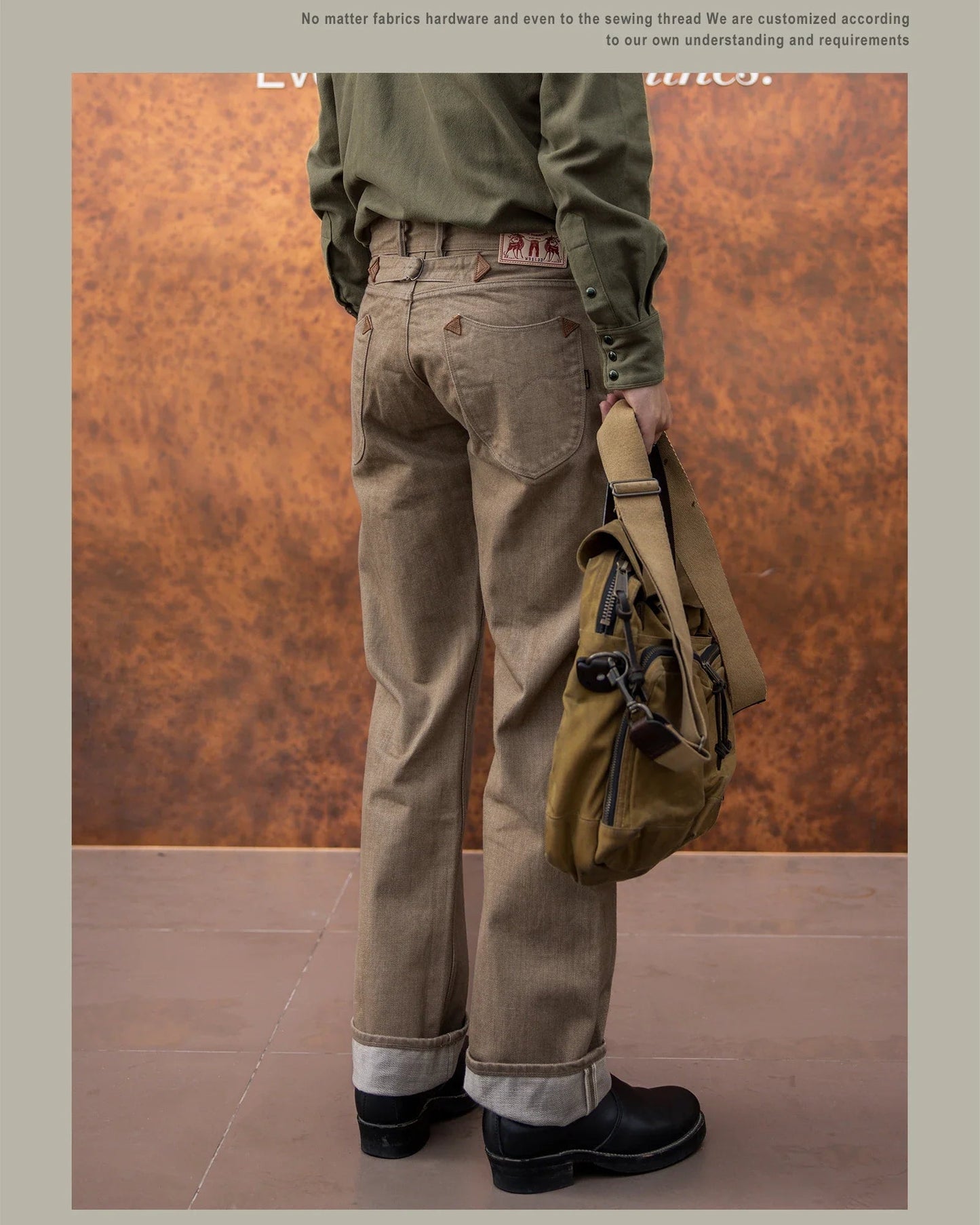 Men's Straight Selvedge Denim Jeans in Khaki, Loose and Durable Fit, 100% Cotton, Modern Five-Pocket Style