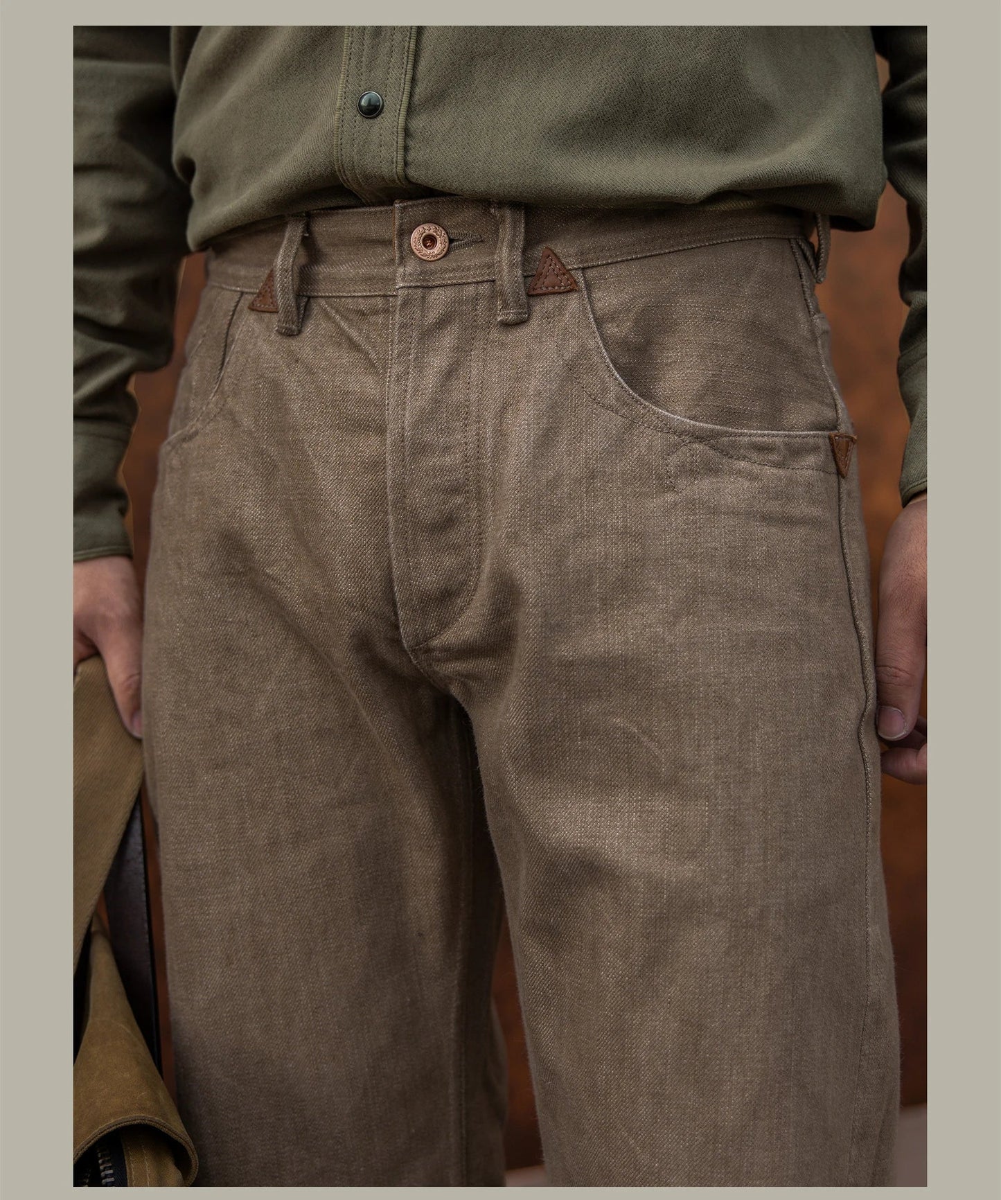 Men's Straight Selvedge Denim Jeans in Khaki, Loose and Durable Fit, 100% Cotton, Modern Five-Pocket Style