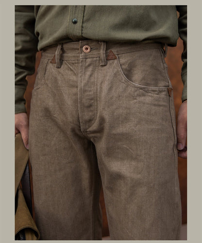 Men's Straight Selvedge Denim Jeans in Khaki, Loose and Durable Fit, 100% Cotton, Modern Five-Pocket Style
