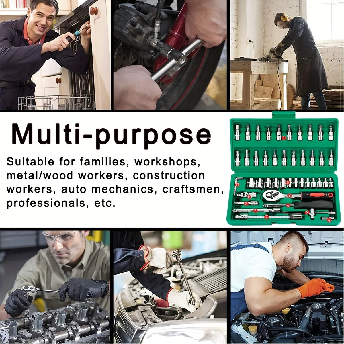 Ensemble de douilles d'entraînement 46 pièces avec clé à cliquet 1/4 et embouts hexagonaux métriques – Outils de bricolage et mécaniques