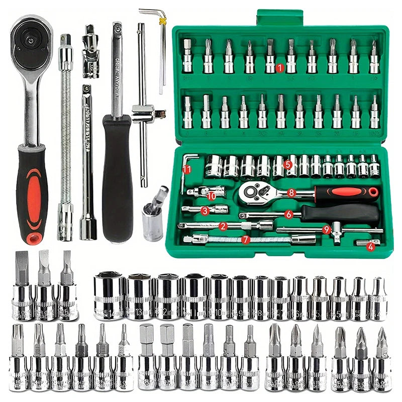Jeu de Douilles d'Entraînement 46 Pièces avec Clé à Cliquet 1/4 et Embouts Hexagonaux Métriques – Outils de Bricolage et Mécanique