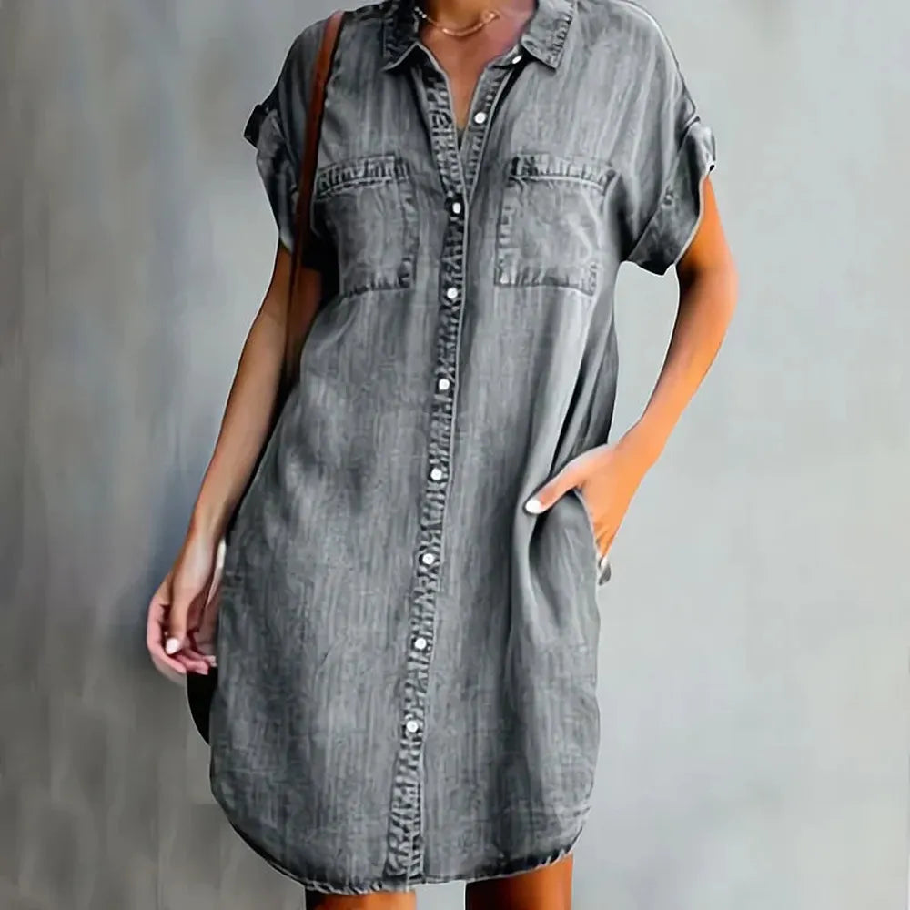 Elegant Dark Blue Women's Denim Dress, Turned Collar and Short Sleeves - Comfortable and Chic Denim Dress