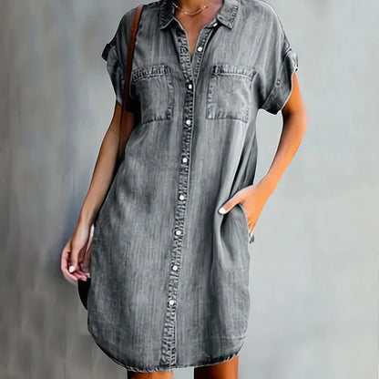 Elegant Dark Blue Women's Denim Dress, Turned Collar and Short Sleeves - Comfortable and Chic Denim Dress