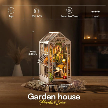 DIY Dollhouse Kit with LED Light – Miniature Garden to Assemble for Shelf Decoration