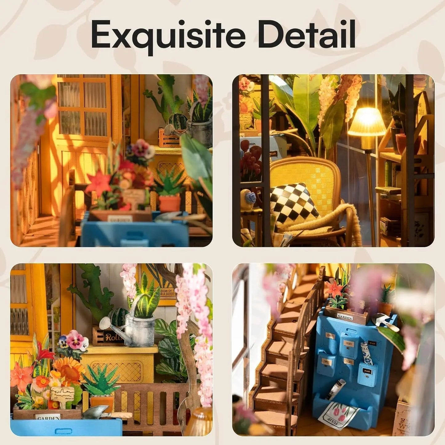 DIY Dollhouse Kit with LED Light – Miniature Garden to Assemble for Shelf Decoration