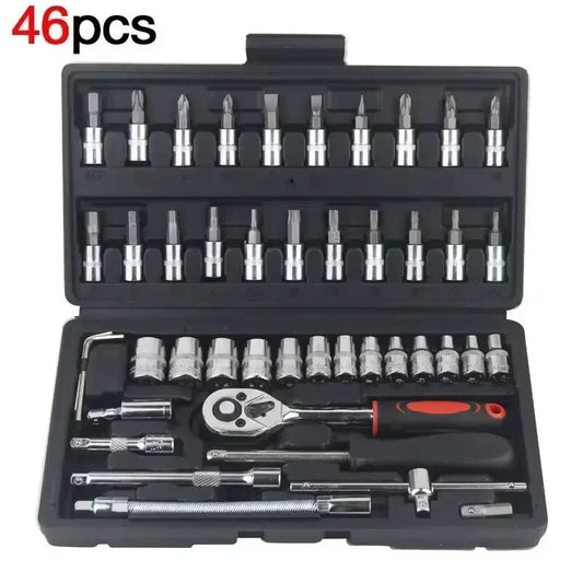 Metric socket wrench set with ratchet and adapters – 46 pieces for automotive mechanics