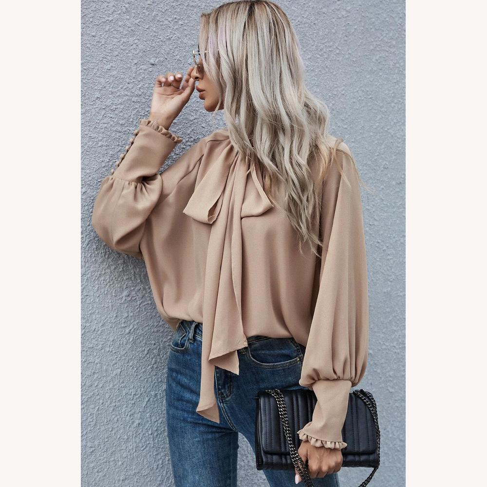 Blouse Femme Chic en Polyester Abricot avec Nœud Lavallière et Manches Bouffantes – Élégante et Polyvalente