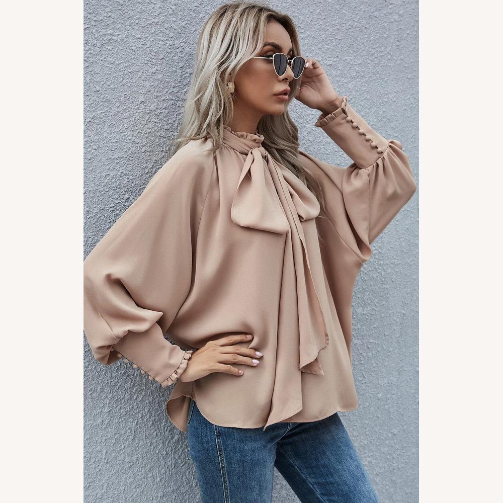 Blouse Femme Chic en Polyester Abricot avec Nœud Lavallière et Manches Bouffantes – Élégante et Polyvalente