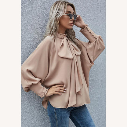 Chic Women's Blouse in Apricot Polyester with Bow Tie and Puff Sleeves – Elegant and Versatile