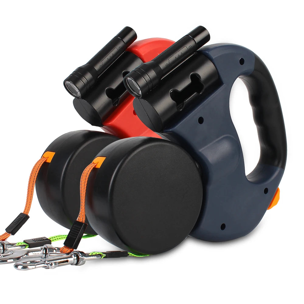 Double Retractable Leash for Dog 3 m with Flashlight and Bag Box
