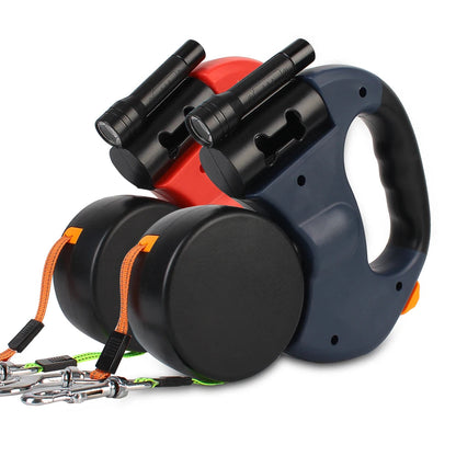 Double Retractable Leash for Dog 3 m with Flashlight and Bag Box