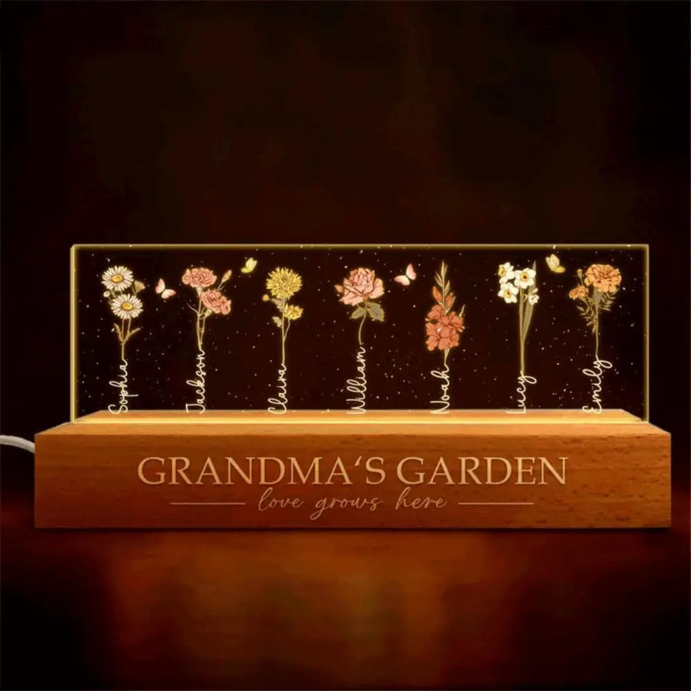 Personalized LED Bedside Lamp with Birth Month Flower Design – Natural Wood Night Light for Grandma's Garden