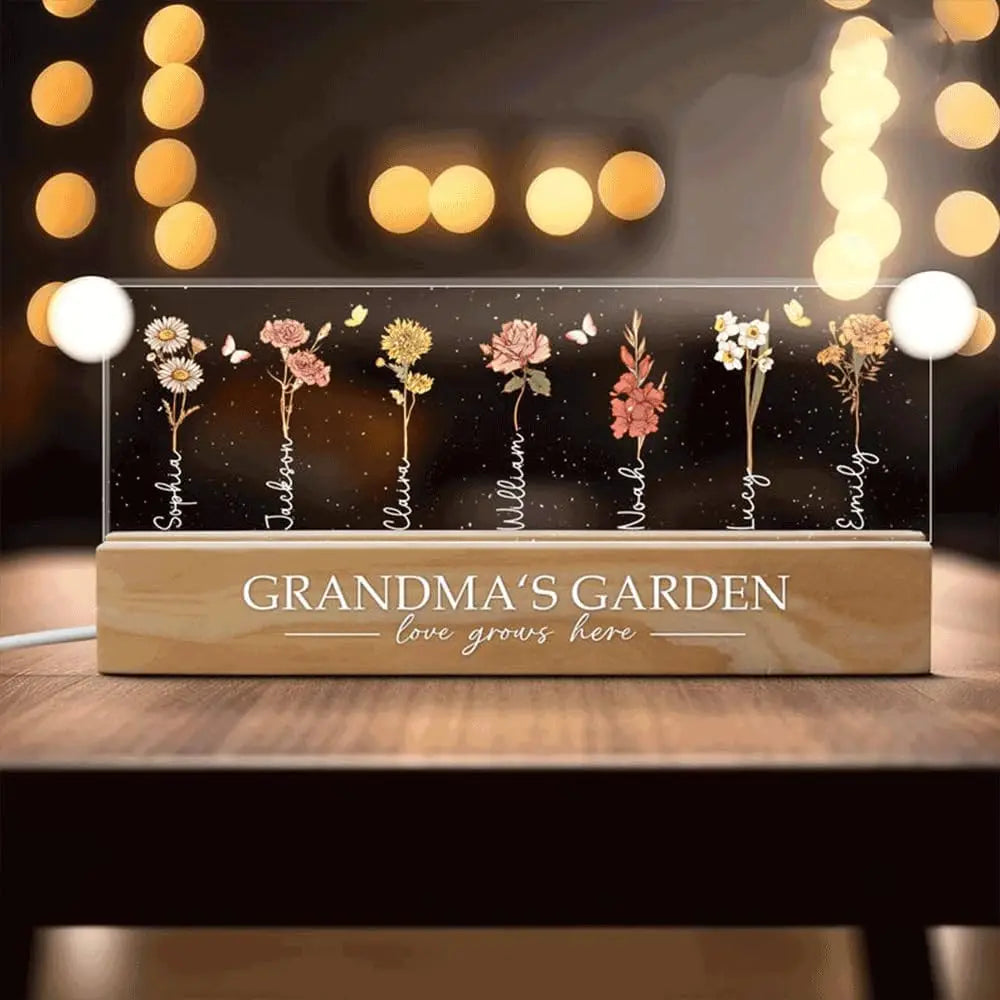 Personalized LED Bedside Lamp with Birth Month Flower Design – Natural Wood Night Light for Grandma's Garden