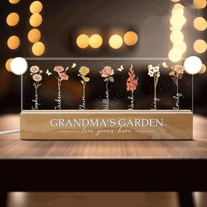 Personalized LED Bedside Lamp with Birth Month Flower Design – Natural Wood Night Light for Grandma's Garden