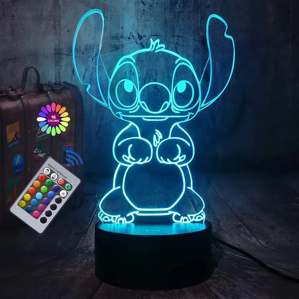 Lampe de Nuit Illusion 3D Stitch avec Télécommande – Lampe de Chevet LED Multicolore pour Enfants