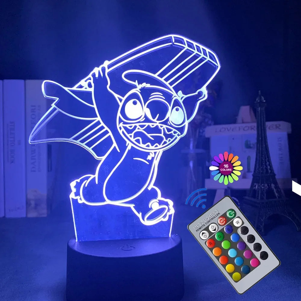 Lampe de Nuit Illusion 3D Stitch avec Télécommande – Lampe de Chevet LED Multicolore pour Enfants