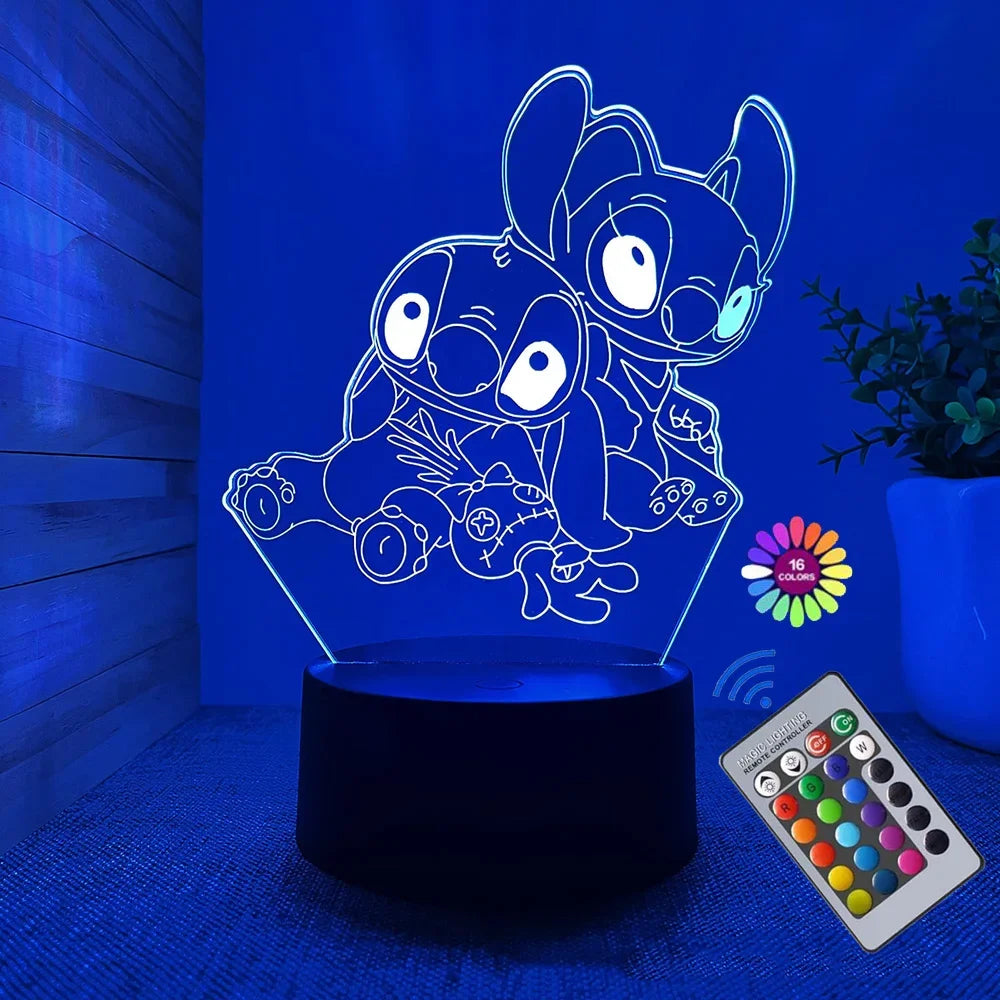 Lampe de Nuit Illusion 3D Stitch avec Télécommande – Lampe de Chevet LED Multicolore pour Enfants