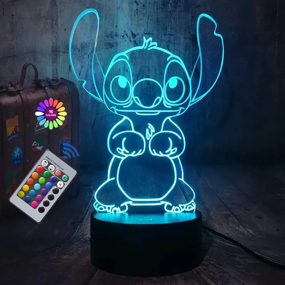 Lampe de Nuit Illusion 3D Stitch avec Télécommande – Lampe de Chevet LED Multicolore pour Enfants