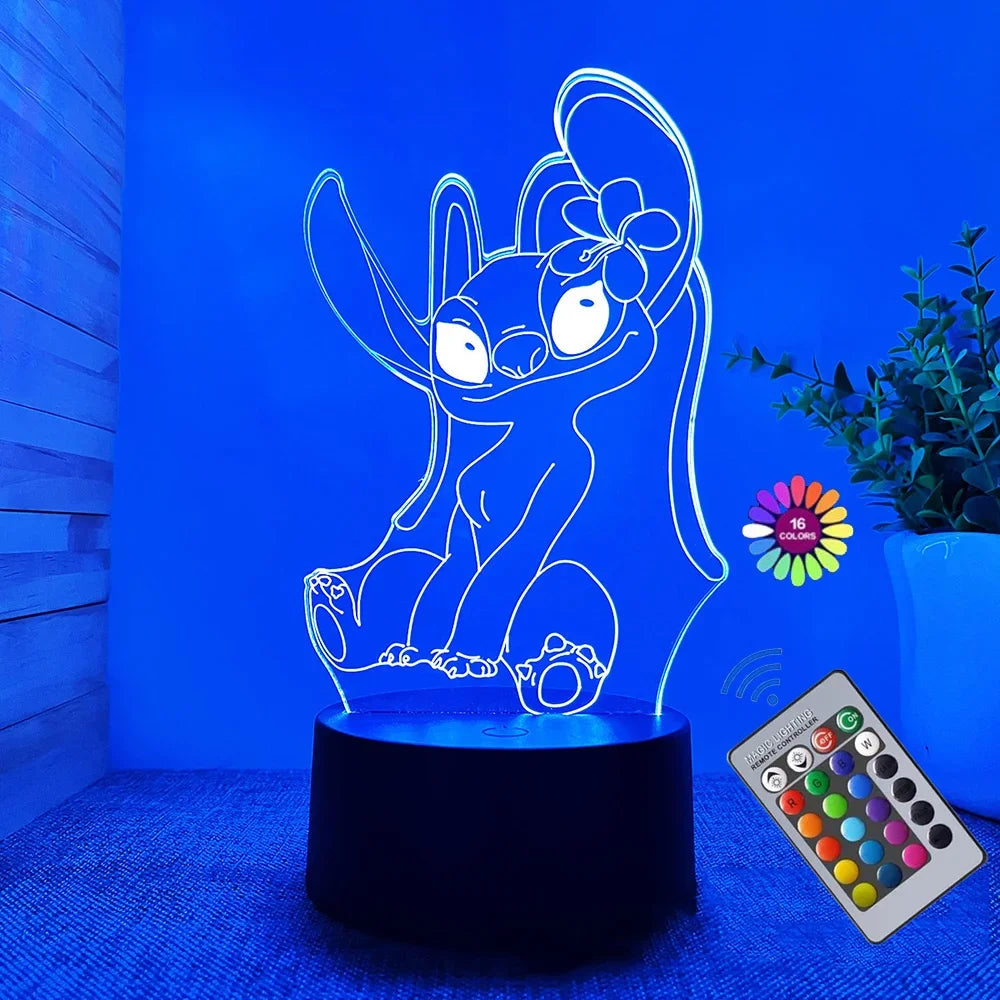 Lampe de Nuit Illusion 3D Stitch avec Télécommande – Lampe de Chevet LED Multicolore pour Enfants