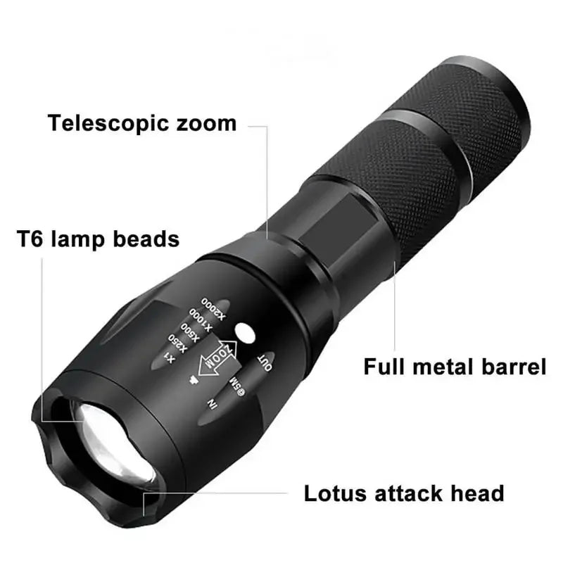 Lampe de poche LED T6 avec zoom télescopique – Éclairage puissant pour activités de plein air