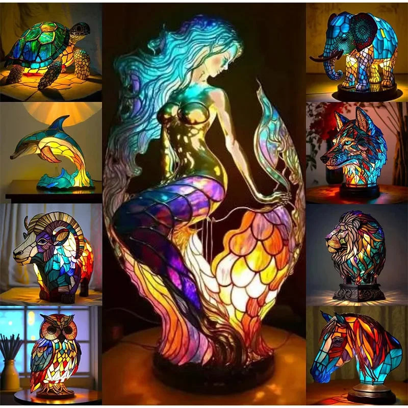 LED Animal Table Lamp in Resin – Mermaid, Sheep, Owl, and Turtle Home Decor