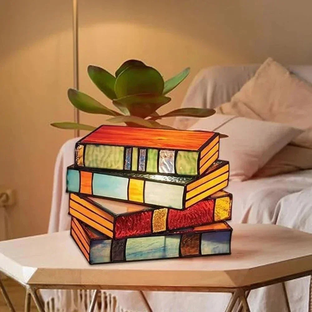 Lampe de Table en Verre Coloré en Forme de Livres Empilés – Éclairage Ambiant pour Décoration de Lecture