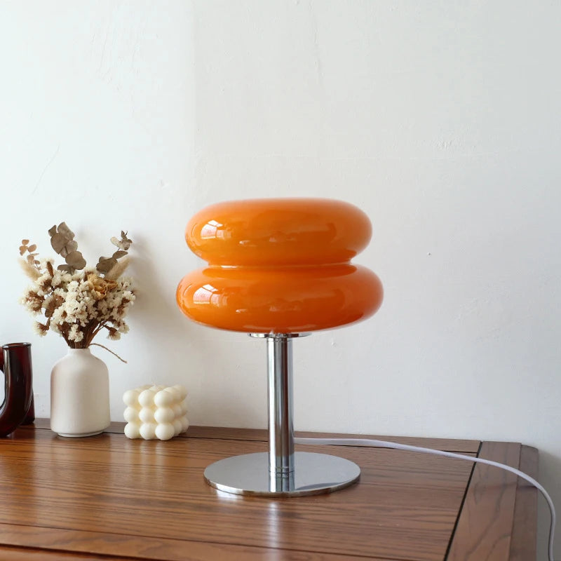 Lampe de Table en Verre Macaron Orange avec Éclairage Doux et Base Ronde en Fer – Design Moderne pour Chambre et Bureau