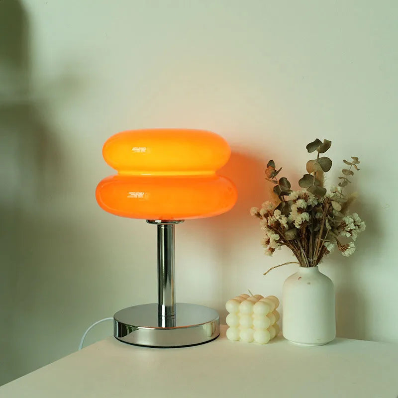Lampe de Table en Verre Macaron Orange avec Éclairage Doux et Base Ronde en Fer – Design Moderne pour Chambre et Bureau