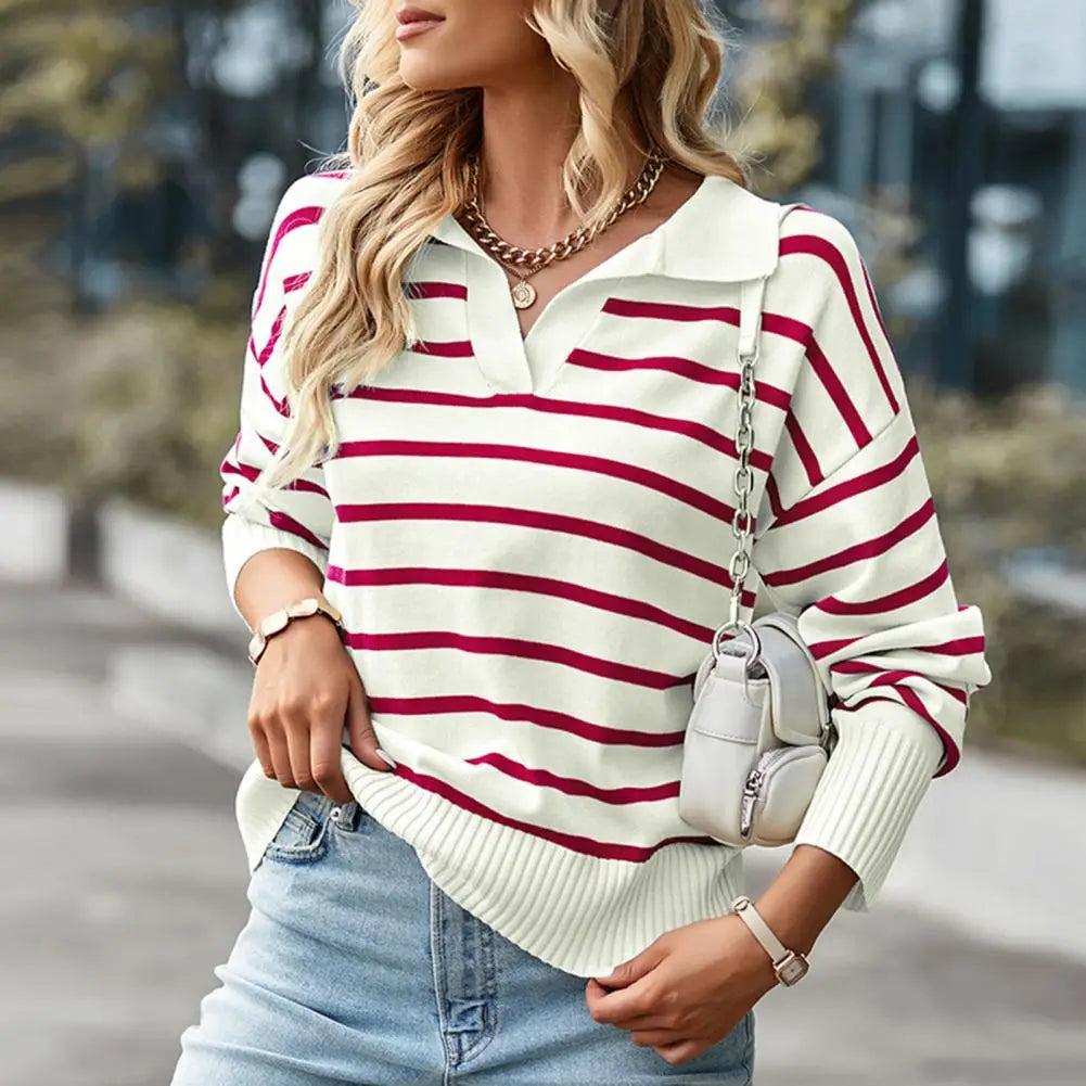 Women's Striped Sweater in Soft Knit with Open Collar – Casual Elegance and Optimal Comfort