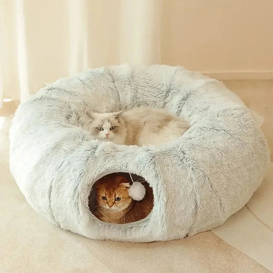 Plush cat bed with multifunctional tunnel – Comfort and play space, 95 cm, washable and portable