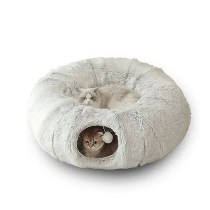 Lit pour chat en peluche avec tunnel multifonctionnel – Espace confort et jeu, 95 cm, lavable et portable