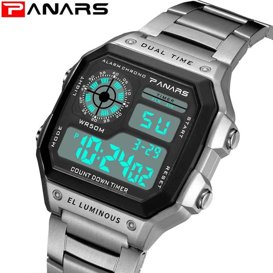 Luxury Waterproof Digital Sport Watch for Men – Stainless Steel Strap, Backlight, Alarm Function