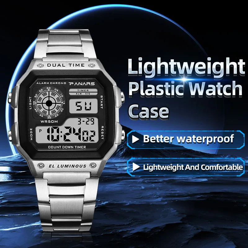 Luxury Waterproof Digital Sport Watch for Men – Stainless Steel Strap, Backlight, Alarm Function