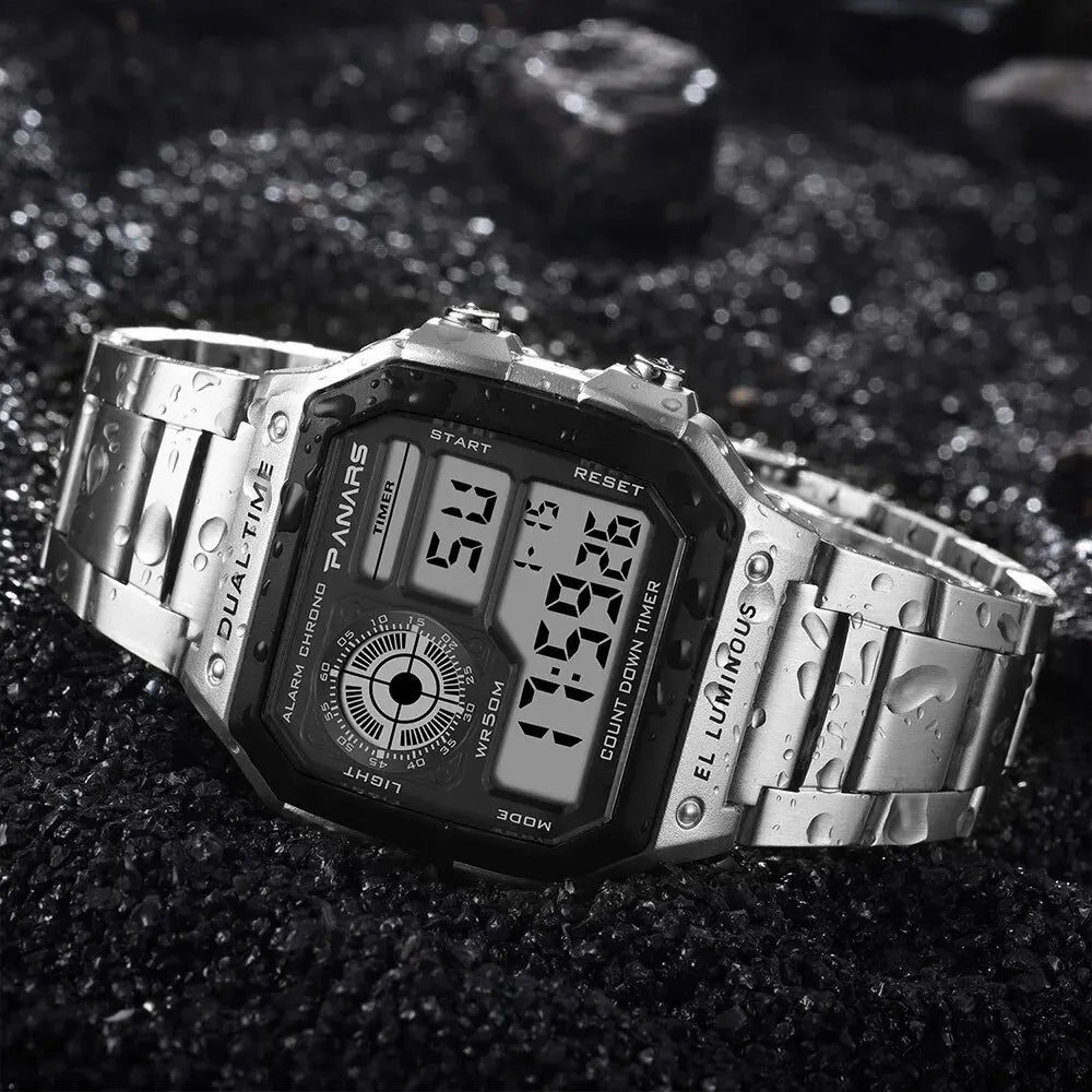 Luxury Waterproof Digital Sport Watch for Men – Stainless Steel Strap, Backlight, Alarm Function