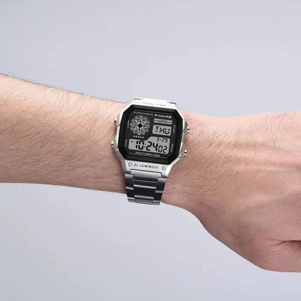 Luxury Waterproof Digital Sport Watch for Men – Stainless Steel Strap, Backlight, Alarm Function